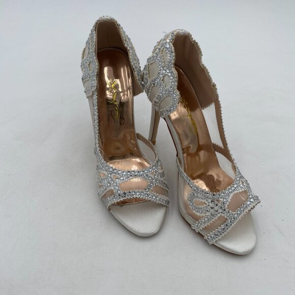 XYD White Peep Toe Half D'Orsay Mesh Pumps Crystal Studded High Heels Dress Shoe - Picture 4 of 8